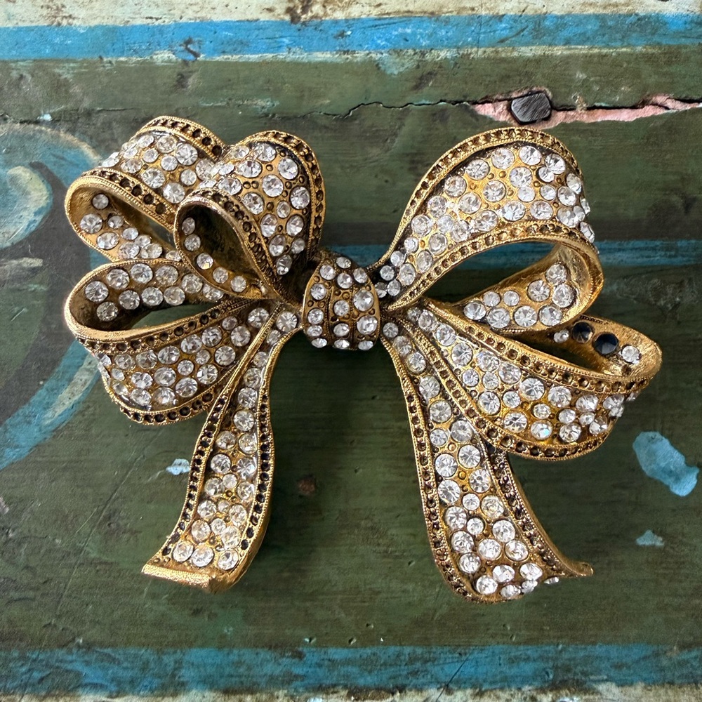 Sparkling Gold Crystal Bow Brooch